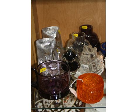 A GROUP OF STUDIO GLASS, to include Whitefriars trial candleholder, a Pukeberg of Sweden ship paperweight, a pair of Costa Bo