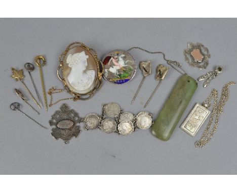 A BOX OF MIXED SILVER AND COSTUME JEWELLERY, etc