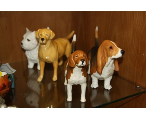 FOUR BESWICK DOGS, to include Labrador 'Solomon of Wendover' No.1548 (golden, gloss), Beagle 'Wedover Billy' No.1933A, matt, 