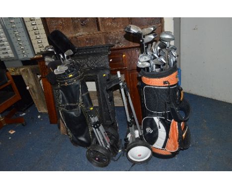 TWO SET OF GOLF CLUBS IN BAGS, and two trolleys, clubs include Dunlop, Vectra etc