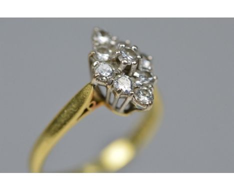 A MID TO LATE 20TH CENTURY DIAMOND CLUSTER RING, a marquise shaped cluster, estimated total diamond weight 0.65ct, colour ass