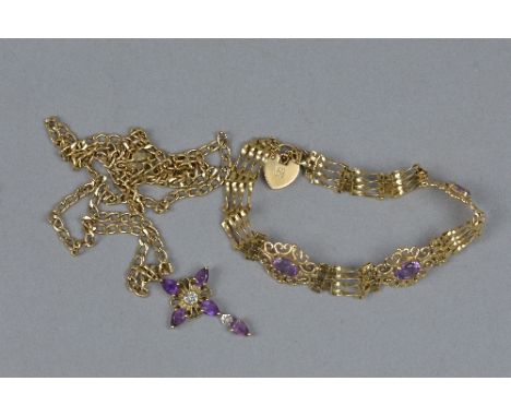 A MODERN AMETHYST AND DIAMOND 9CT GOLD CROSS AND CHAIN, pendant set with four pear shaped amethysts, measuring approximately 