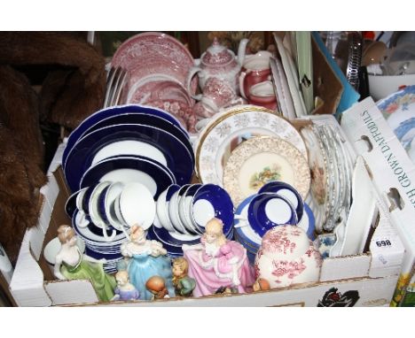 TWO BOXES OF DINNER WARES, figural ornaments, pictures, etc including Hummel figures, Royal Doulton 'Enchantment', Coalport e