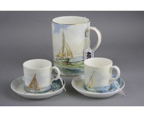 A ROYAL CROWN DERBY TANKARD HAND PAINTED BY W.E.J. DEAN WITH YACHTS AT SEA, signed, printed marks including Robert Anstead, B