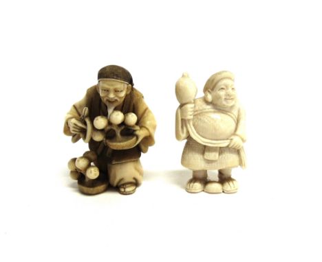 A JAPANESE MEIJI PERIOD CARVED IVORY NETSUKE  modelled as a street vendor with bonsai trees, signed to base, 5cm high; and an