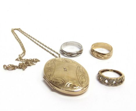 A COLLECTION OF JEWELLERY  including; a modern 9ct gold and tiny diamond part floral engraved oval locket, Birmingham 1998, a