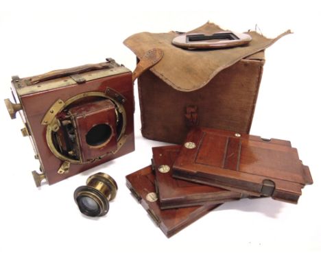 A THORNTON PICKARD IMPERIAL TRIPLE EXTENSION MAHOGANY &amp; LACQUERED BRASS PLATE CAMERA  with a Dallmeyer Stigmatic Series I