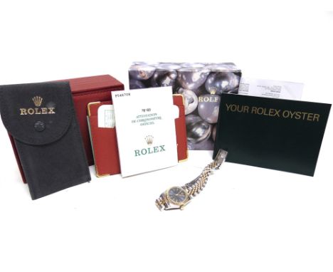 ROLEX, OYSTER PERPETUAL, A LADY'S BI-COLOUR BRACELET WATCH circa 2003, ref; 76193, NO. P546708, blue dial with raised gilt ba