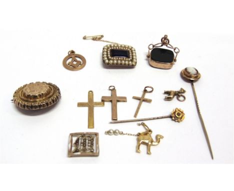 A COLLECTION OF GEORGE IV AND LATER JEWELLERY including; a gold, blue paste and half-pearl oblong cluster memorial brooch, in