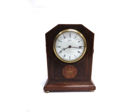 AN EDWARDIAN MAHOGANY MANTLE CLOCK  with inlaid decoration, the enamel dial inscribed 'E E DUNTHORNE LIVERPOOL', 21cm high