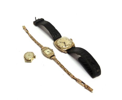 THREE WRIST WATCHES comprising; VERTEX REVUE, a gentleman's 9ct gold cushion shaped wrist watch, circa 1951, round silvered d