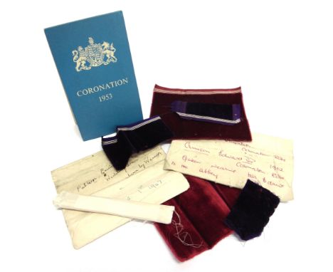 ROYAL MEMORABILIA - A FABRIC SAMPLE COLLECTION  comprising swatches of crimson velvet from Elizabeth II's Coronation Parliame