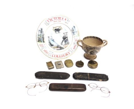 A COLLECTION OF VICTORIAN AND LATER COAL MINING RELATED ITEMS  to various brass snuff and tobacco boxes and a vest/match case