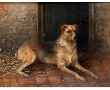 M. HELEN GREEN (BRITISH, LATE 19TH CENTURY) Portrait of a recumbent long-haired terrier, oil on paper, signed and dated '1888