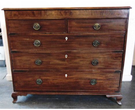 A MAHOGANY CHEST OF TWO SHORT AND THREE LONG DRAWERS  on ogee bracket feet, 119cm wide 54cm deep 101cm high