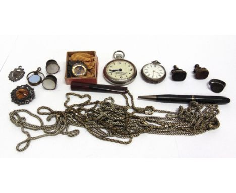 A LATE VICTORIAN SILVER FOB COMPASS AND OTHER ITEMS  the round compass with shaped and engraved surmount, Birmingham 1897; a 