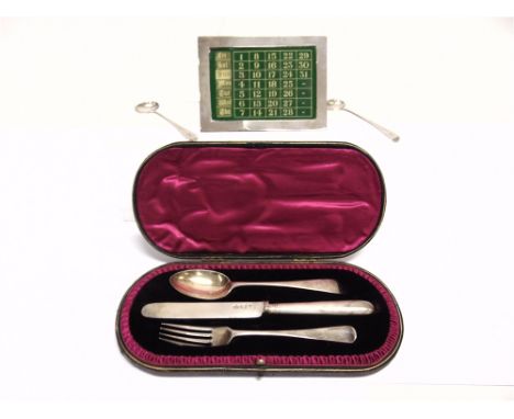 A SILVER OLD ENGLISH PATTERN CHRISTENING KNIFE, FORK AND SPOON London 1901-02 by Jackson and Fullerton, in a case; a silver m