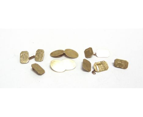 THREE PAIRS OF 9CT GOLD CUFFLINKS  comprising; a pair of plain twin oval panel cufflinks with chain interlinks, London 1989; 