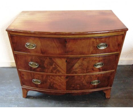 A MAHOGANY THREE DRAWER BOWFRONT CHEST  on splayed bracket feet, 92cm wide 54cm deep 79cm high
