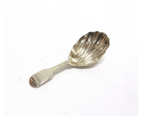A WILLIAM IV SILVER FIDDLE PATTERN CADDY SPOON  with a shell bowl and engraved with script initials, London 1836 by Francis P