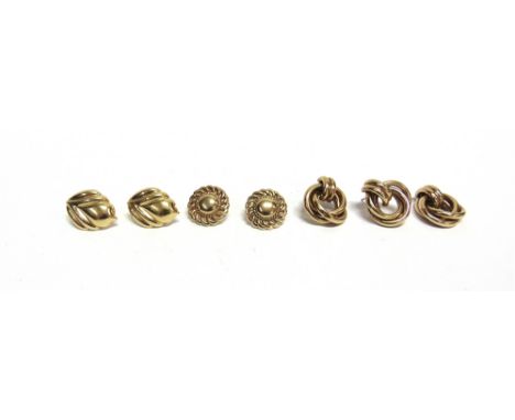 THREE PAIRS OF MODERN GOLD EARRINGS and a single earring; comprising; a pair of Italian 18ct gold broad-fluted tear-drop shap