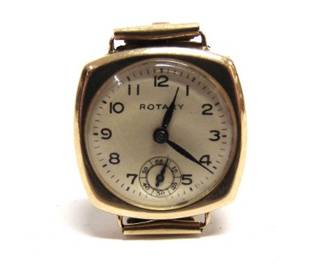 ROTARY, A 9CT GOLD CUSHION-SHAPED BRACELET WATCH circa 1943, silvered dial with black Arabic numerals and subsidiary seconds,