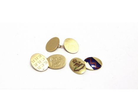 THREE EARLY 20TH CENTURY GOLD SINGLE CUFFLINKS  each designed as two oval panels with chain interlinks, comprising; one with 