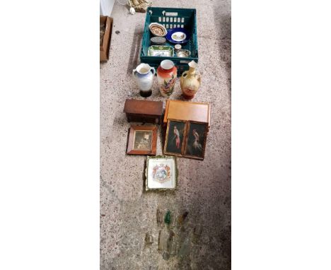 CARTON WITH SMALL GLASS BOTTLES, VASES, PLATES, TRINKET BOX, SMALL PICTURES