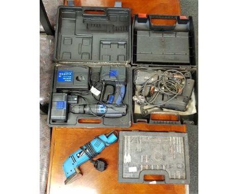 CASED 30 VOLT CORDLESS POWER DRILL, CASED SET OF DRILL BITS, 2 CORDED DRILLS IN CASE & A SILVER LINE NOSE SANDER