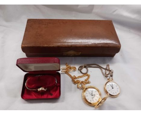 LEATHER BOUND TRINKET BOX WITH A LADIES TIMEX WRIST WATCH & 2 OTHER POCKET WATCHES