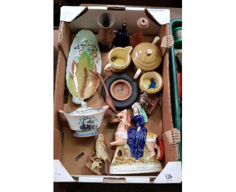 CARTON WITH MISC CHINAWARE INCL; SILVAC COTTAGE TEA POT WITH MILK JUG & SUGAR BASIN, CLARICE CLIFF LEAF DISH, STAFFORDSHIRE F