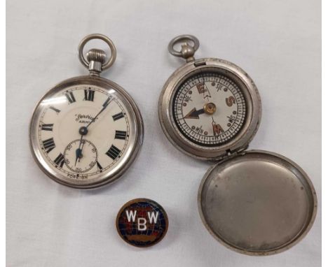 POCKET WATCH MARKED SERVICES ARMY IN WHITE METAL CASE, COMPASS & A LAPEL BADGE WBW