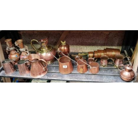 SHELF OF MISC COPPER WARE INCL; GRADUATED MEASURING CANS