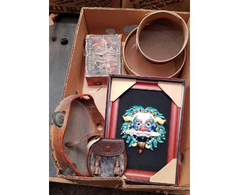 CARTON WITH TAMBOURINE, VINTAGE WOODEN ZIG ZAG PUZZLE, A LEATHER SPORRAN, 2 GEOLOGIST SIEVES &  CHINESE CERAMIC LION HEAD NEW