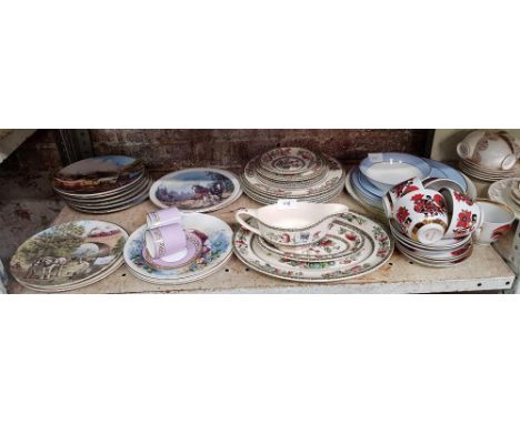 SHELF WITH DECORATIVE COLLECTORS PLATES, INDIAN TREE BY JOHNSON BROS. CUPS & SAUCERS MARKED MADE IN USSR