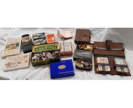 CARTON WITH VARIOUS CARD GAMES, PLAYING CARDS, DICE & BONE COUNTERS