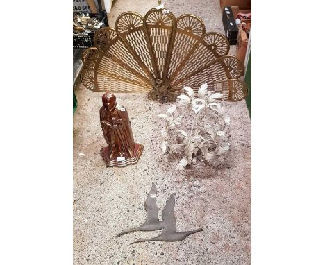 BRASS FOLDING FIRE SCREEN, A METAL KNIGHT FIRESIDE COMPANION SET WITH PART TOOLS, METAL LANTERN WITH GLASS DROPLETS & A BRASS