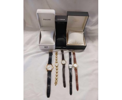 4 GOLD COLOURED ROTARY LADIES WRIST WATCHES, SEKONDA & AN EMPTY POLSAR WATCH BOX