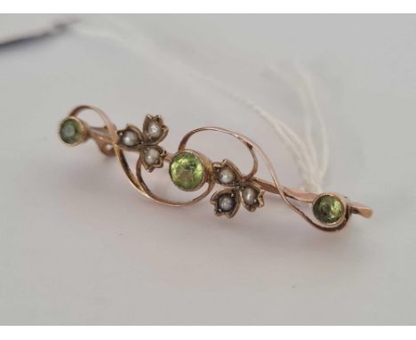 ANTIQUE 9ct PERIDOT PEARL BROOCH, 2.3g