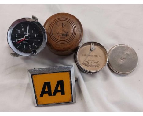 TUB WITH AN AA BADGE, A SMITHS QUARTZ DASHBOARD CLOCK & A FRENCH AMP METER BY NILMELIOR IN WOOD CASE 