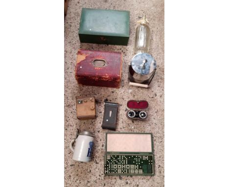 CARTON WITH BOXED CAMERA, BEER STEIN, SODA SYPHON & 2 TRINKET BOXES & OTHER BRIC-A-BRAC