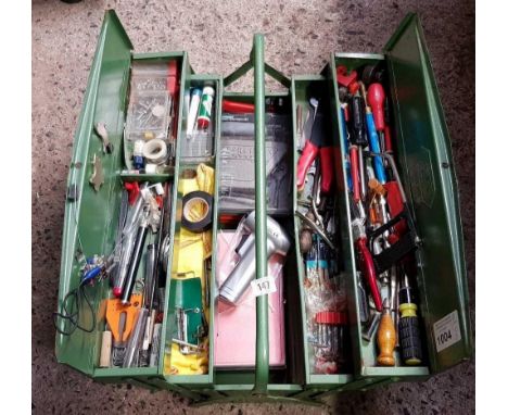 GREEN METAL CONCERTINA TOOL BOX WITH CONTENTS