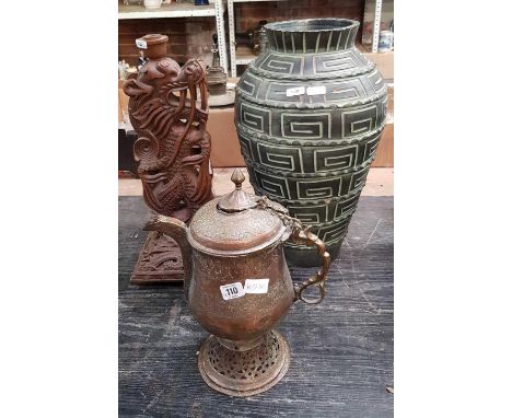 WOODEN CHINESE DRAGON TABLE LAMP FIXTURE, LARGE VASE & AN EASTERN BRASS & COPPER TEA JUG