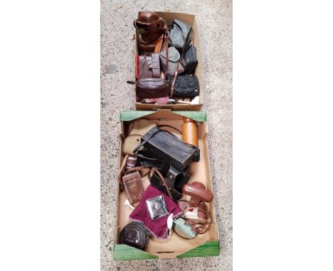 CARTONS OF MISC CAMERA, BINOCULAR CASES, PURSES, NECKLACE STAND & OTHER BRIC-A-BRAC