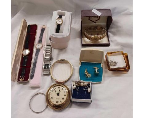 TUB WITH VARIOUS LADIES WRIST WATCHES, PEARL EARRINGS, TRAVEL CLOCK & CUFF LINKS, INCL; TIMEX & LORUS WATCHES