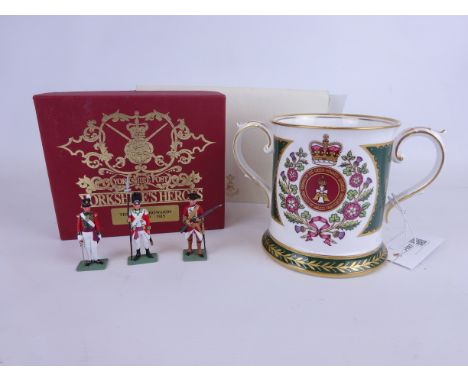 Spode Green Howards Tercentenary loving mug No. 38/300 with certificate and three Yorkshire Post Heroes cast & painted models