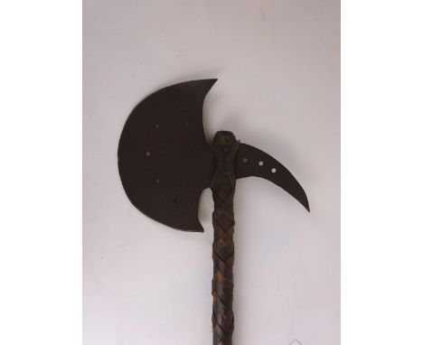 Viking type axe, metal blade with leather bound wooden handle, L85cm   Condition Report   Click here for further images, cond