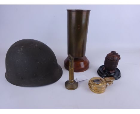 Trench Art lamp, lighter, grenade ashtray, brass compass & USA helmet liner    Condition Report   Click here for further imag