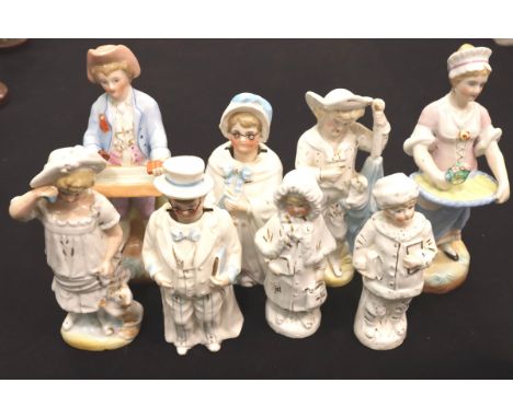 Four pairs of Continental Ceramic figurines, one pair with nodding heads, one figure with damage to neck. P&amp;P Group 3 (£2
