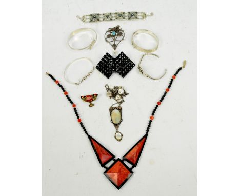 A small collection of 20th century costume jewellery including Chester hallmarked silver bangle, three further bangles includ